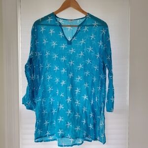 Lexi York Beach Coverup Tunic Turquoise With Starfish Medium